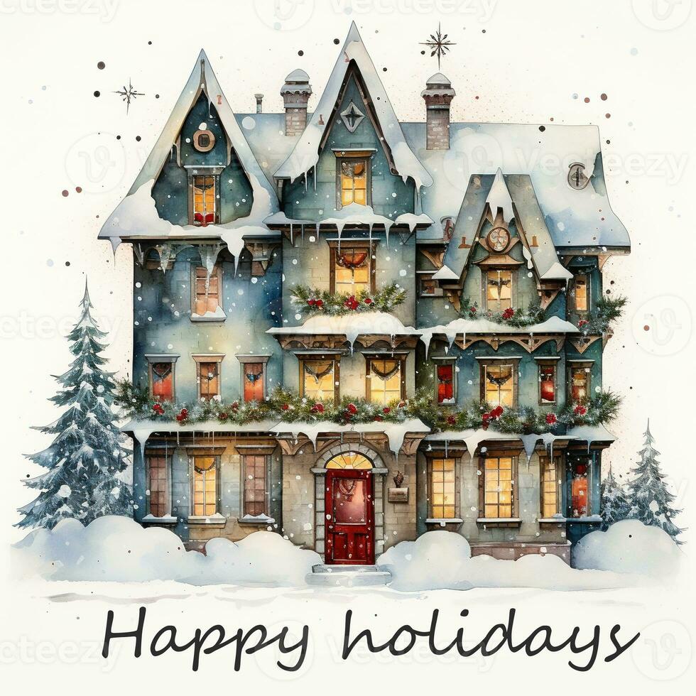 Greeting card with Christmas home decoration, Christmas house. Watercolor. Holiday illustration for design, print, fabric or background. Generative ai photo