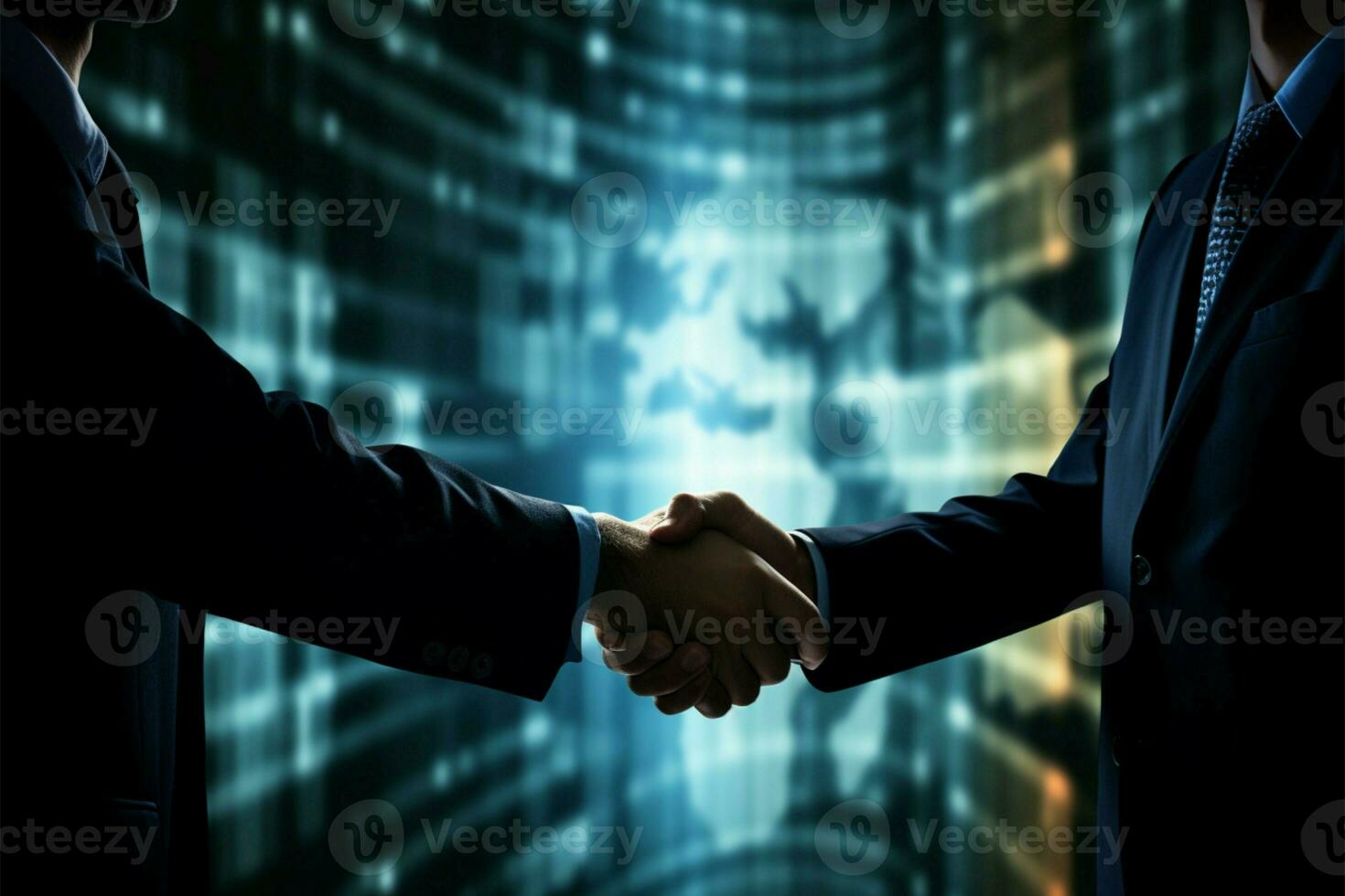 Handshake amid office, Smiling businessmen unite with global business graphic AI Generated photo