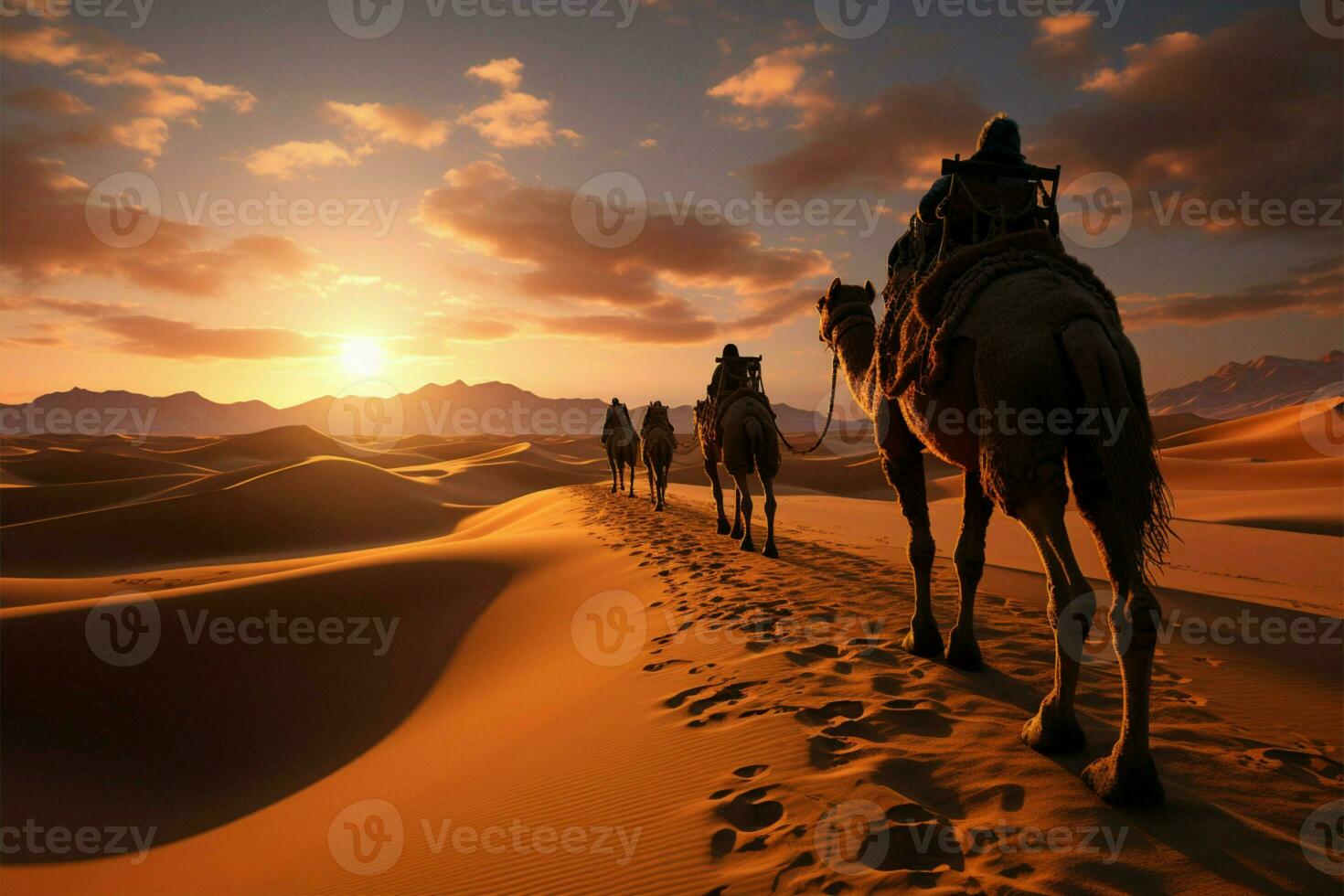Wide angle view captures camel caravan traversing Sahara Deserts sand dunes AI Generated photo