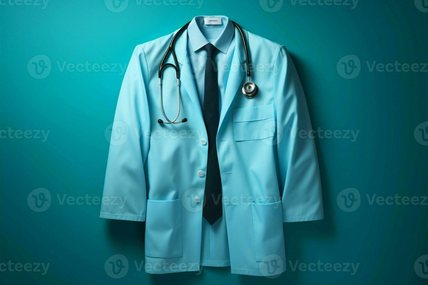 Stethoscope accented physicians suit hung Blue backdrop, copyspace for medical advertisements and promotions AI Generated photo