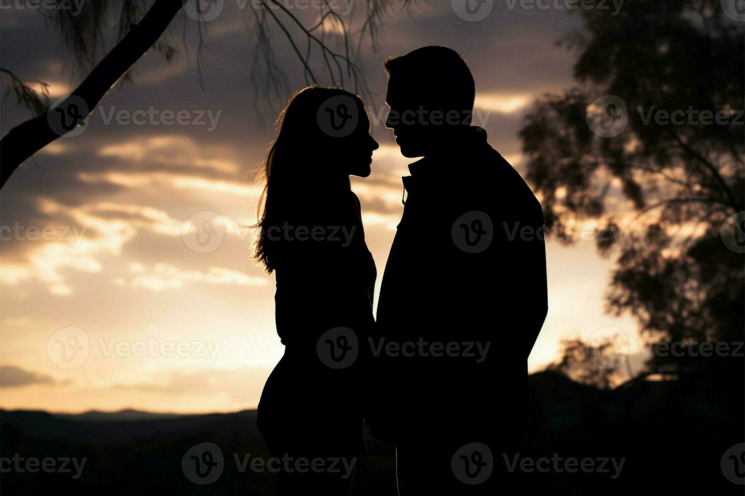 Evening skys backdrop frames serene couples touching silhouette scene AI Generated photo