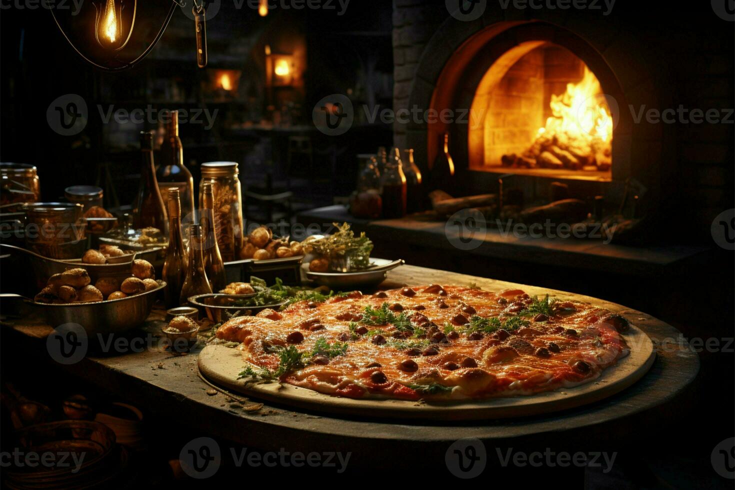 Traditional Italian eatery, pizza beside fiery stone stove, pizzeria with fireplace backdrop AI Generated photo