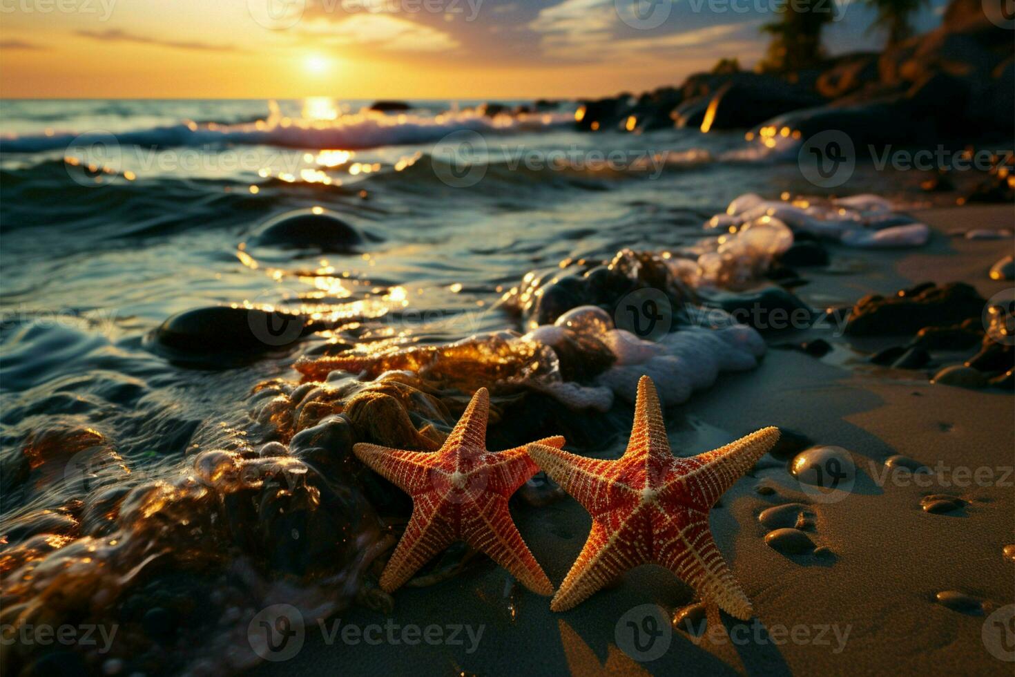 Sunset beach scene, two starfish rest on shore, basking in fading daylight AI Generated photo