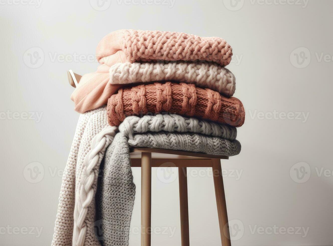 Stack of clean freshly laundered, neatly folded women's clothes on wooden table. Pile of shirts, dresses and sweaters on the table, white wall background. Created with Generative AI technology. photo