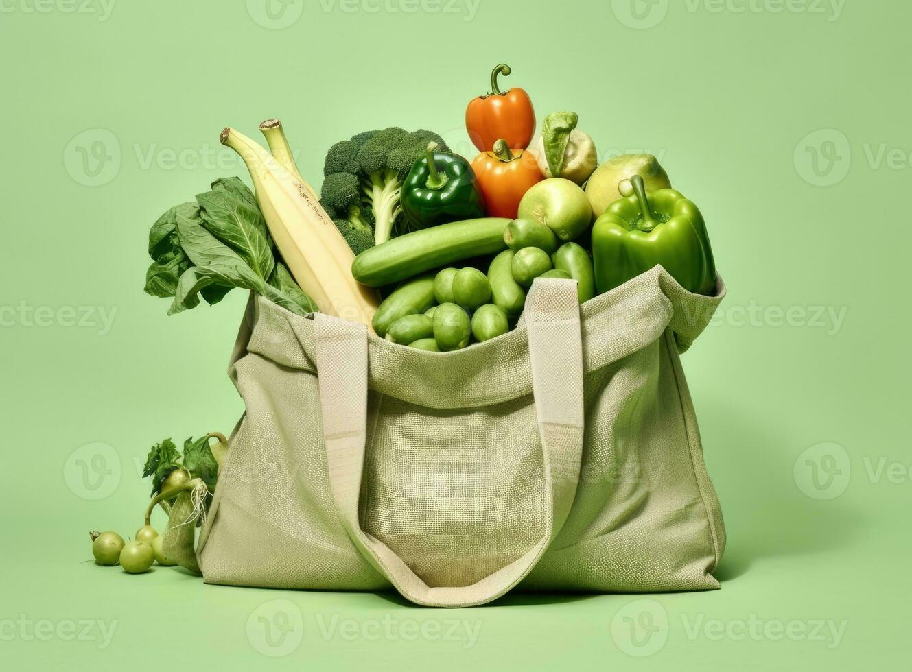 Eco bag with products on color background. Created with Generative AI technology. photo