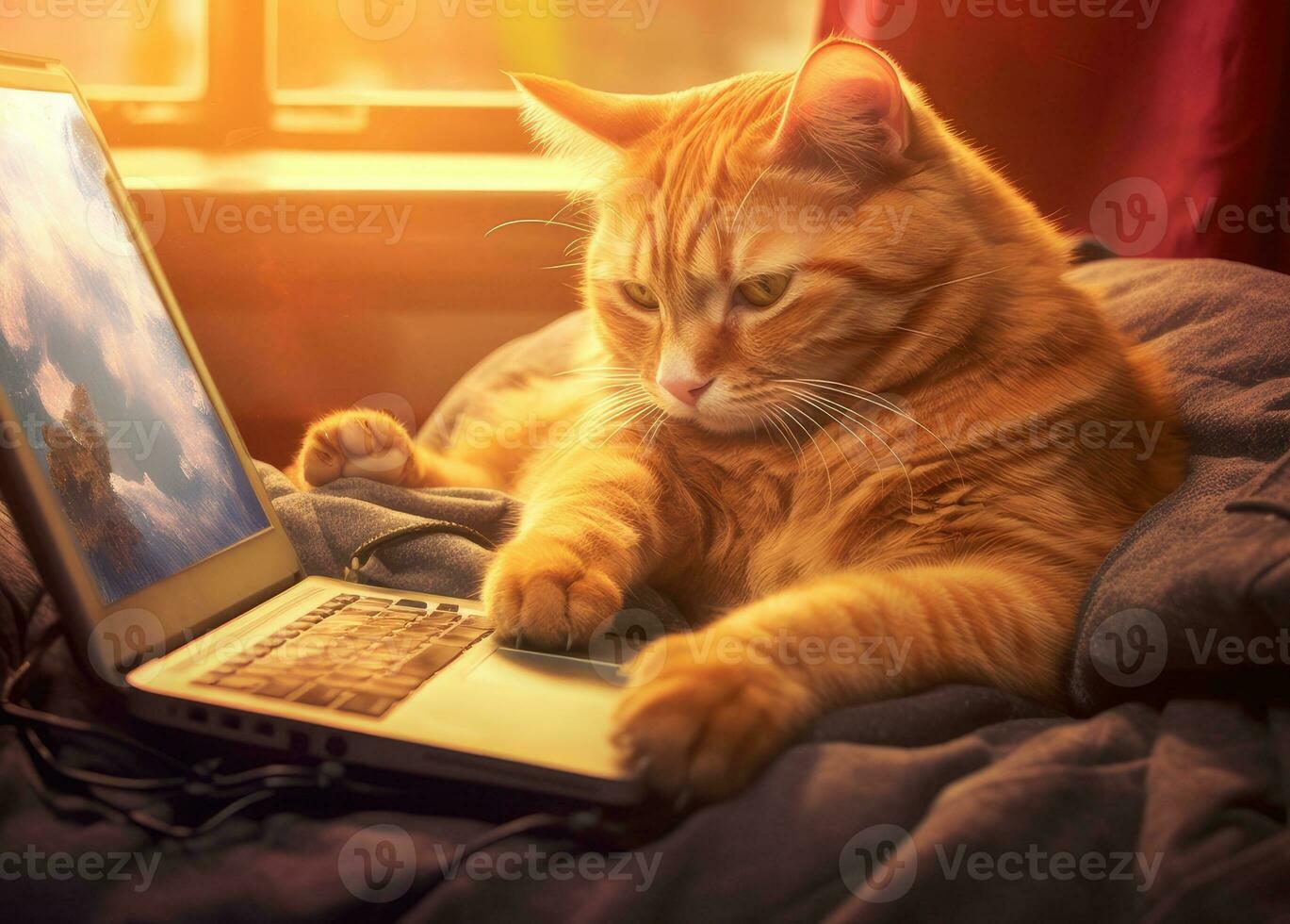 Man is typing on laptop with ginger cat sleeping on keyboard. Top view. Man working from home on laptop in wireless headphones. Home office with pet cat photo