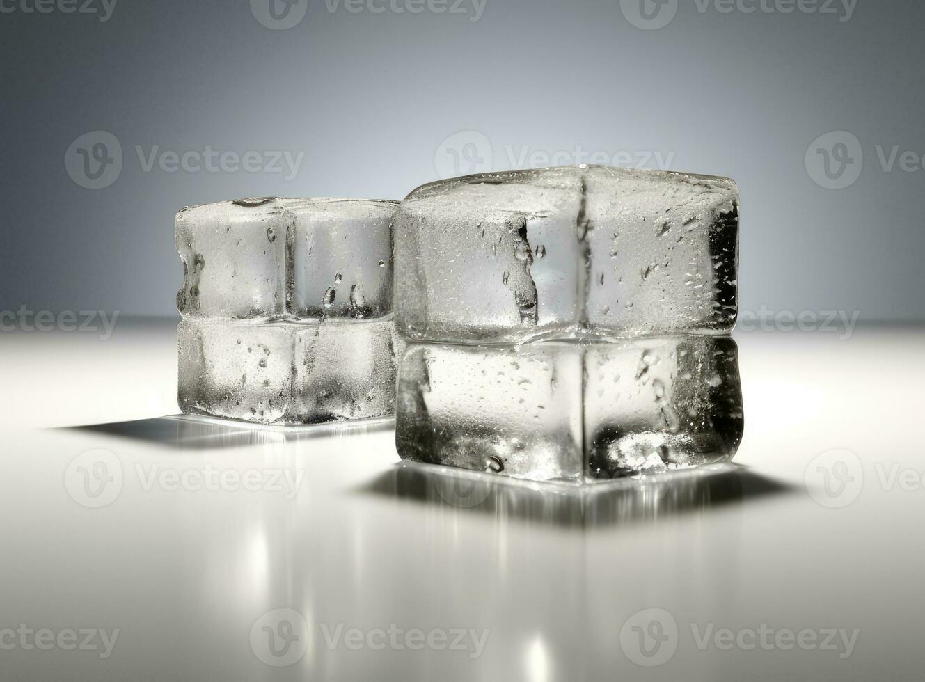 Three melting ice cubes on glass table. On white background. Created with Generative AI technology. photo
