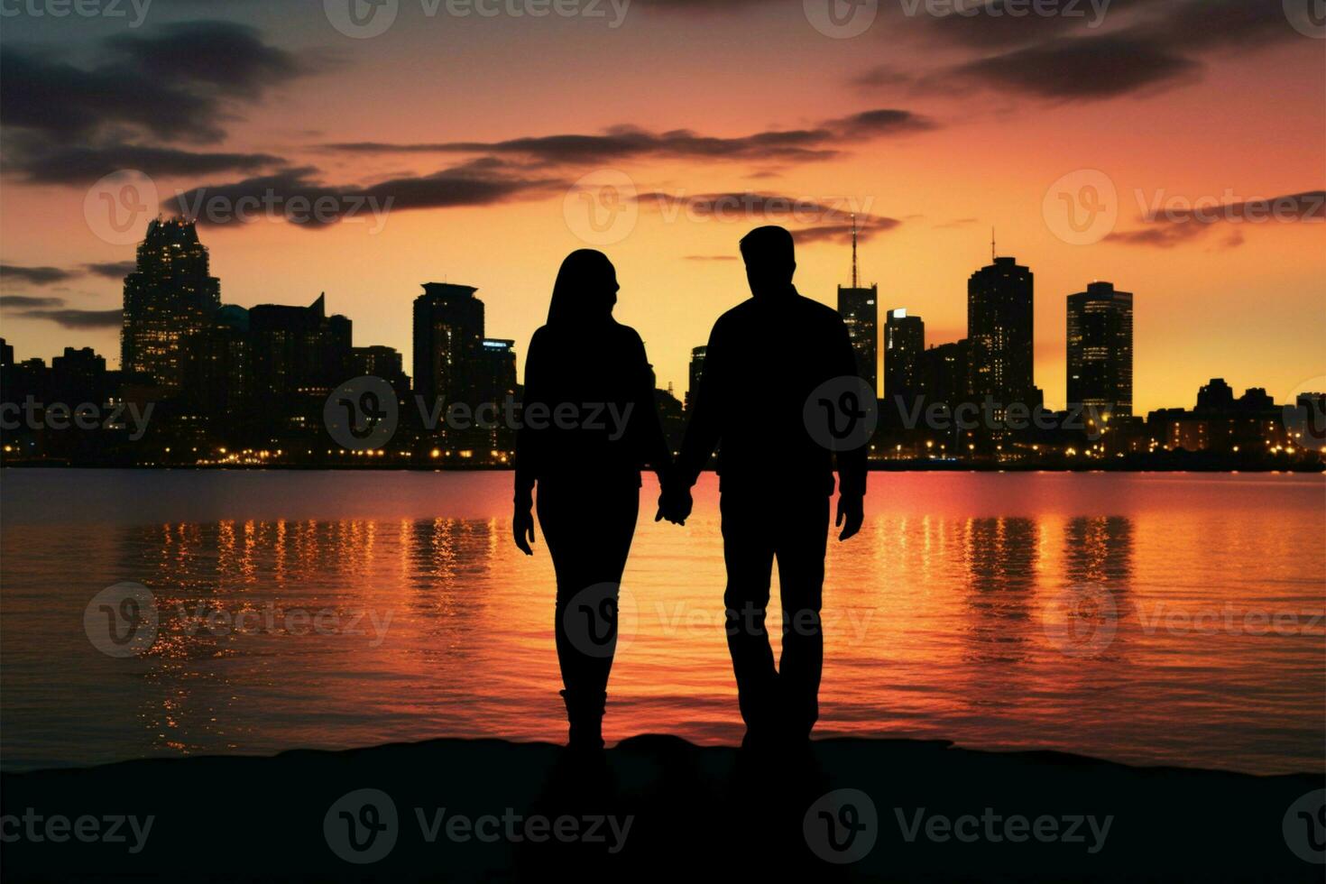 Silhouetted gay couple holds hands, happy, by the evening seas sunset cityscape AI Generated photo