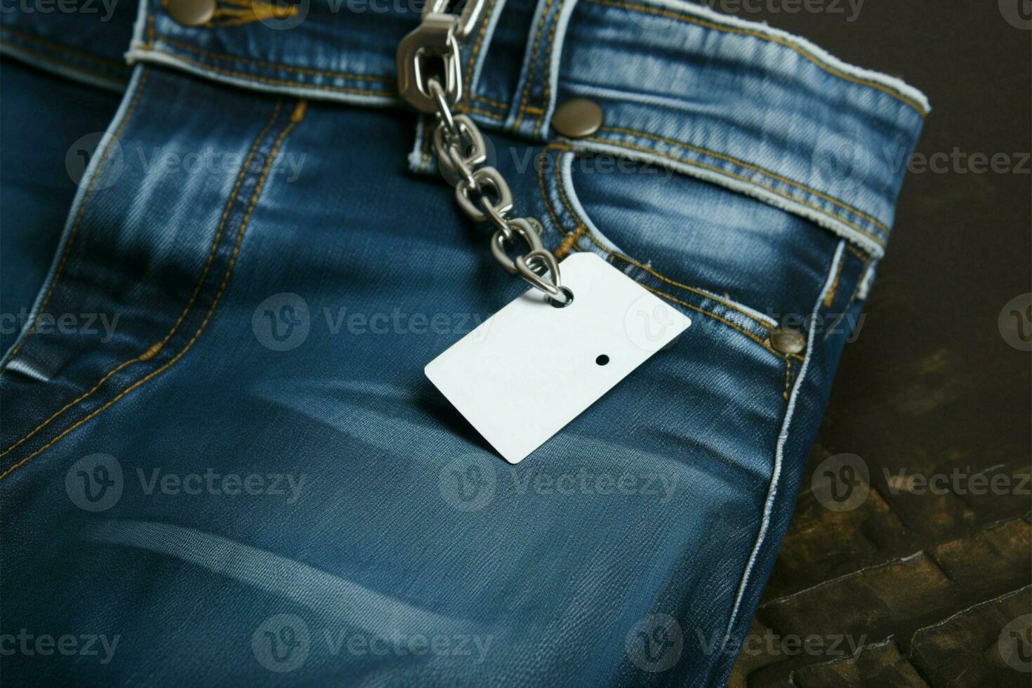 Attached white tag enhances the style of the classic blue jeans AI Generated photo