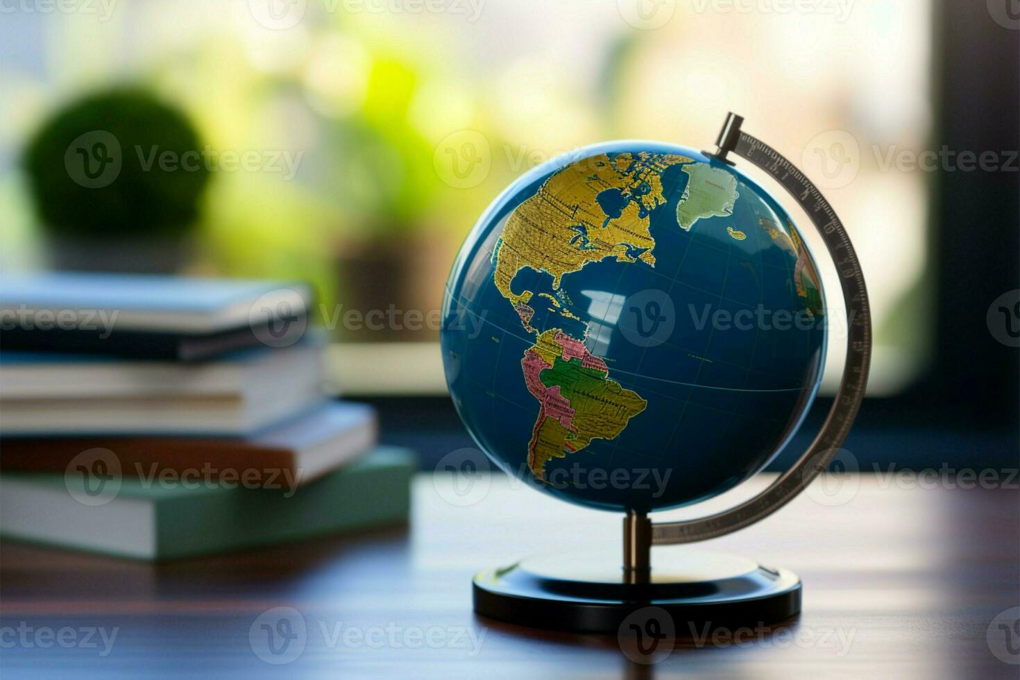 Small blue globe on a desk, representing global awareness AI Generated photo