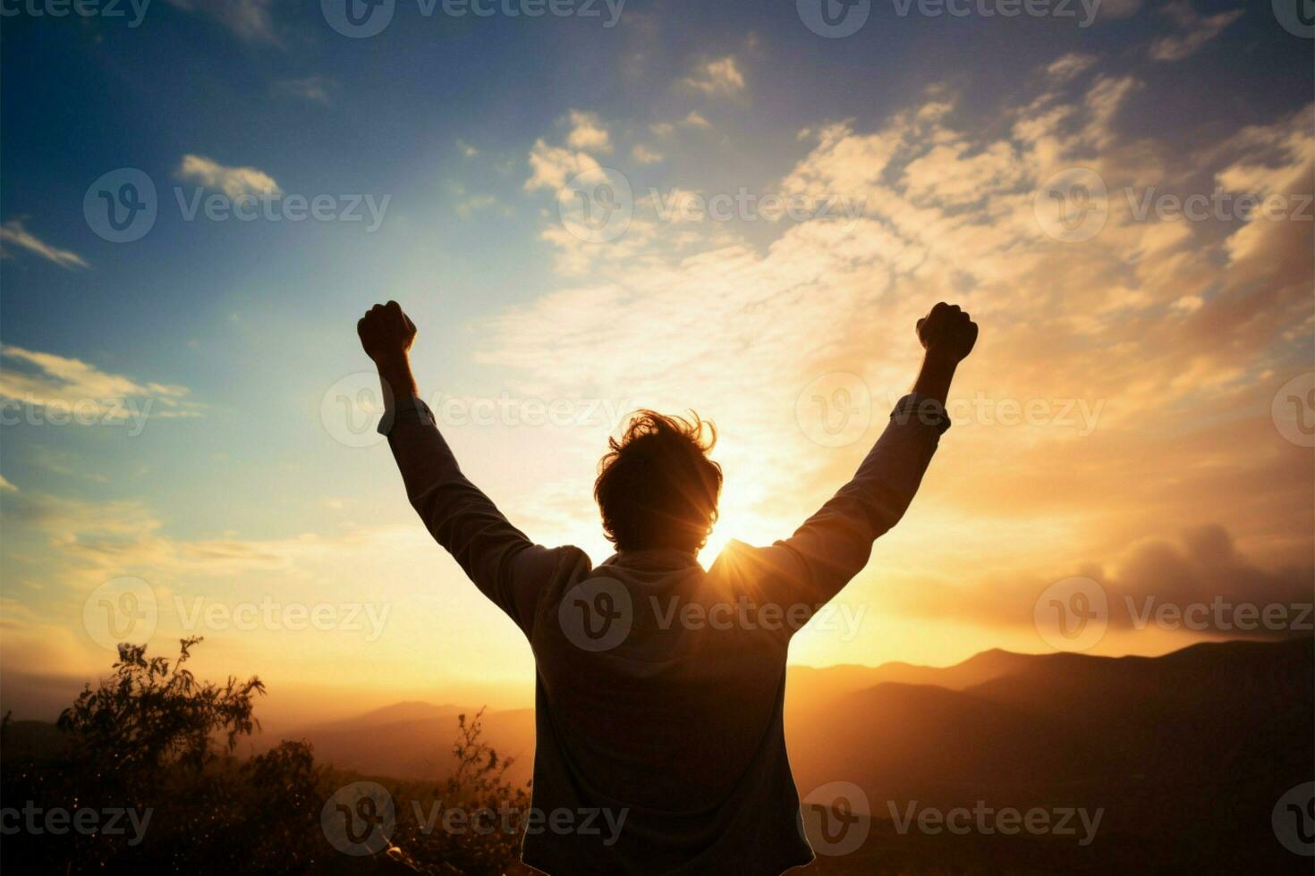 A jubilant man's silhouette with raised hands, radiating happiness AI Generated photo