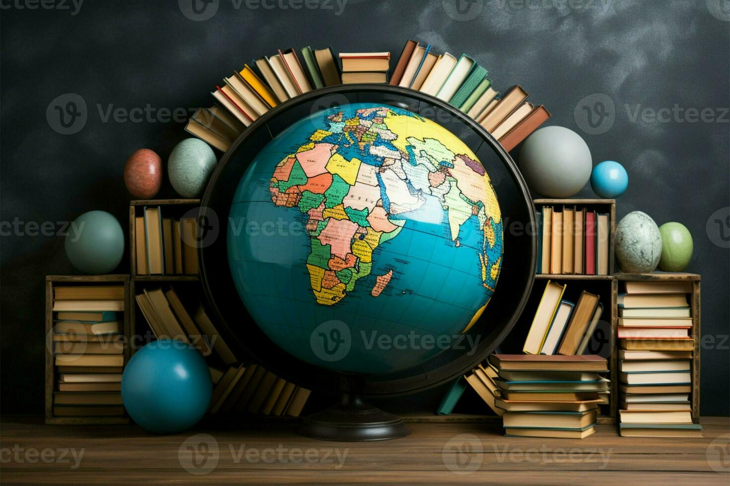 Colorful books encircle a globe, forming an intriguing composition AI Generated photo