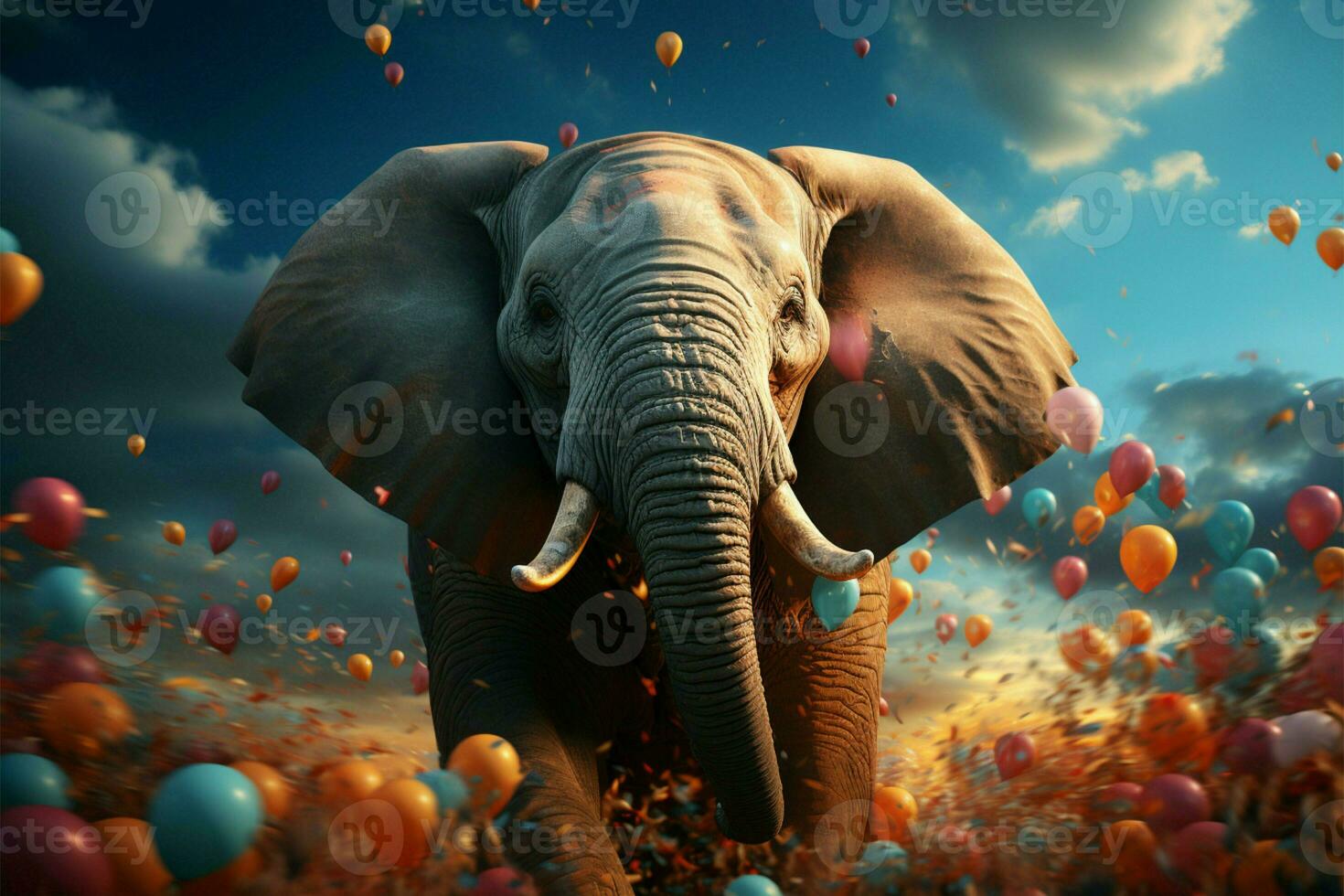 Balloons elevate elephant, creating a surreal and enchanting aerial spectacle AI Generated photo
