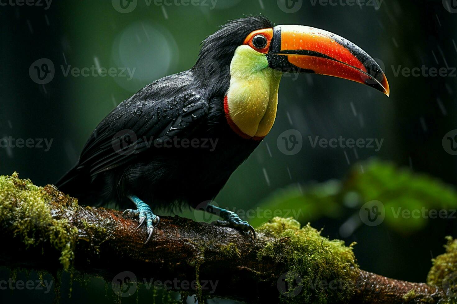 Amidst the forests green embrace, a toucan perches gracefully AI Generated photo