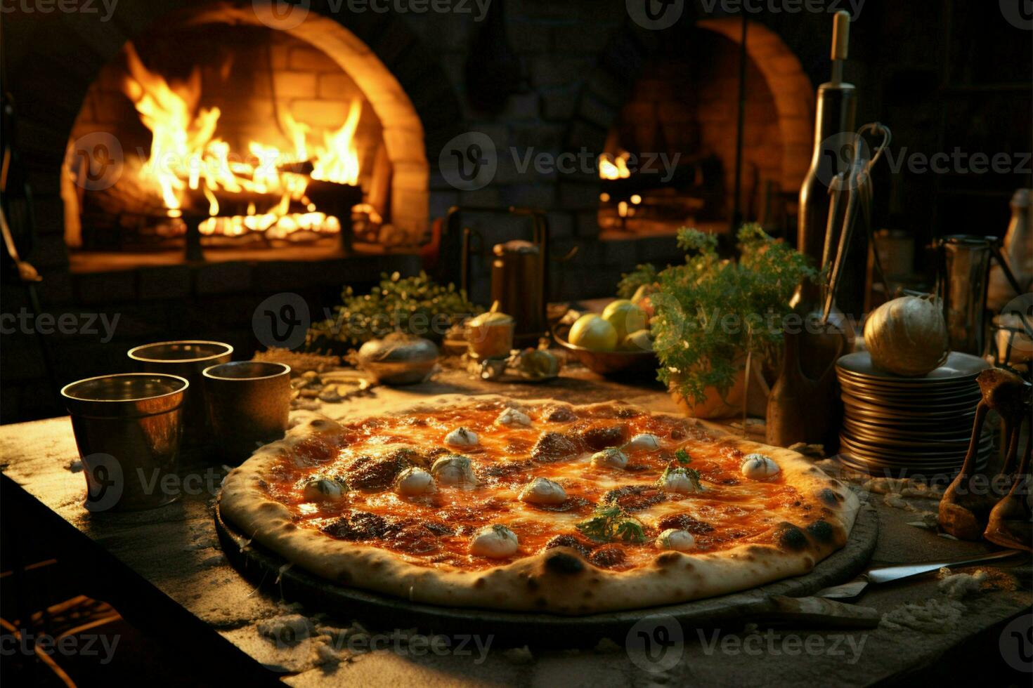 Rustic charm, pizza cooked by open flame, traditional pizzeria ambiance with fireplace AI Generated photo