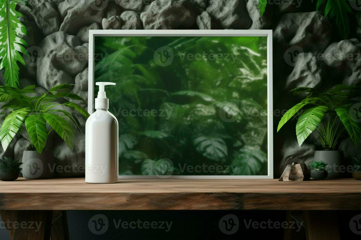 Greenery complements the office desk with an empty photo frame AI Generated