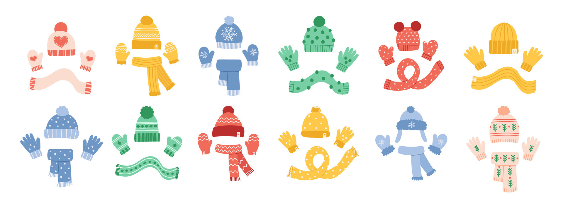 Cozy winter knit headwear, hats, scarves, mittens, gloves. Autumn