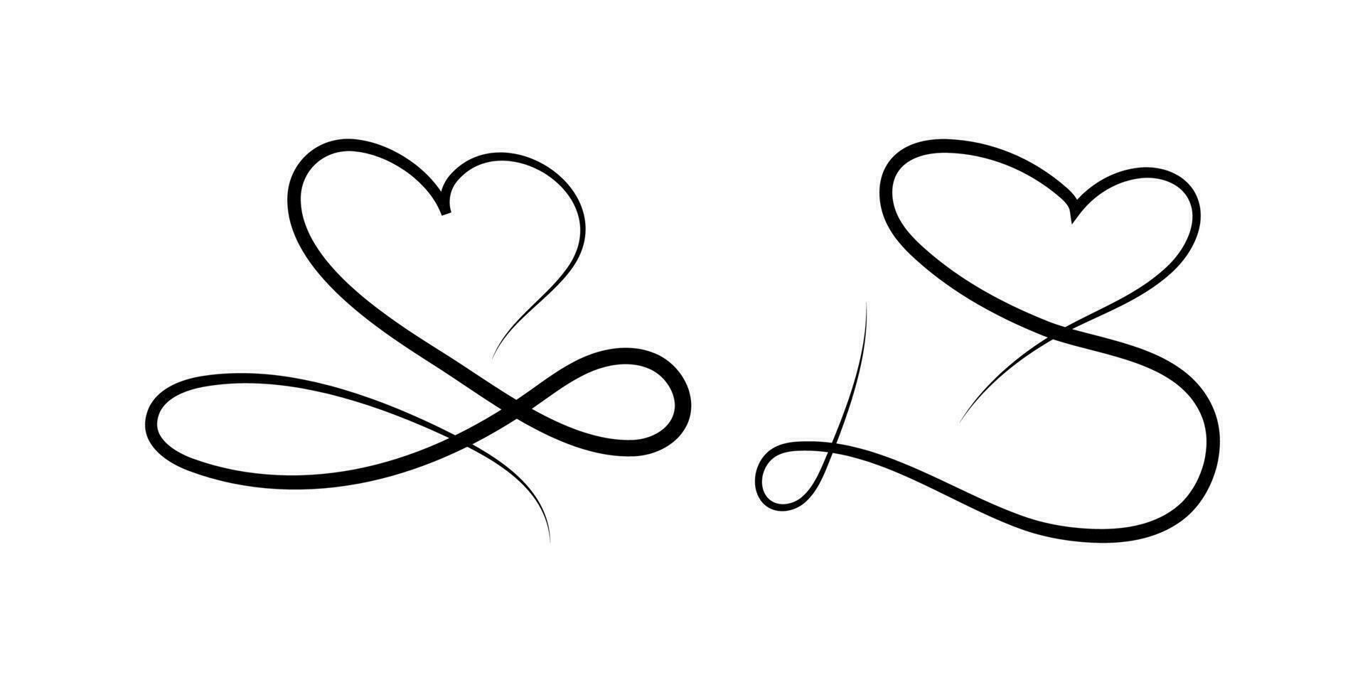 Set of love hand drawn infinity heart sign with cute sketch outline. Line heart shape isolated on white background for valentine's day, wedding, mother's day or women's day. Vector illustration