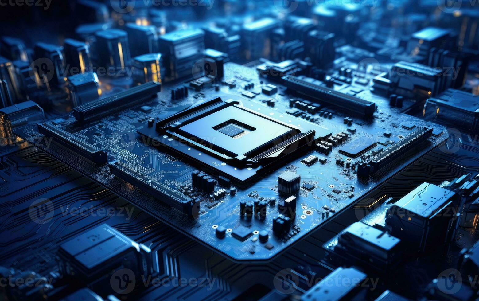 Shot of Generic Printed Circuit board with Microchips and other Components During Production Process. Electronics Manufacturing. Created with Generative AI technology. photo