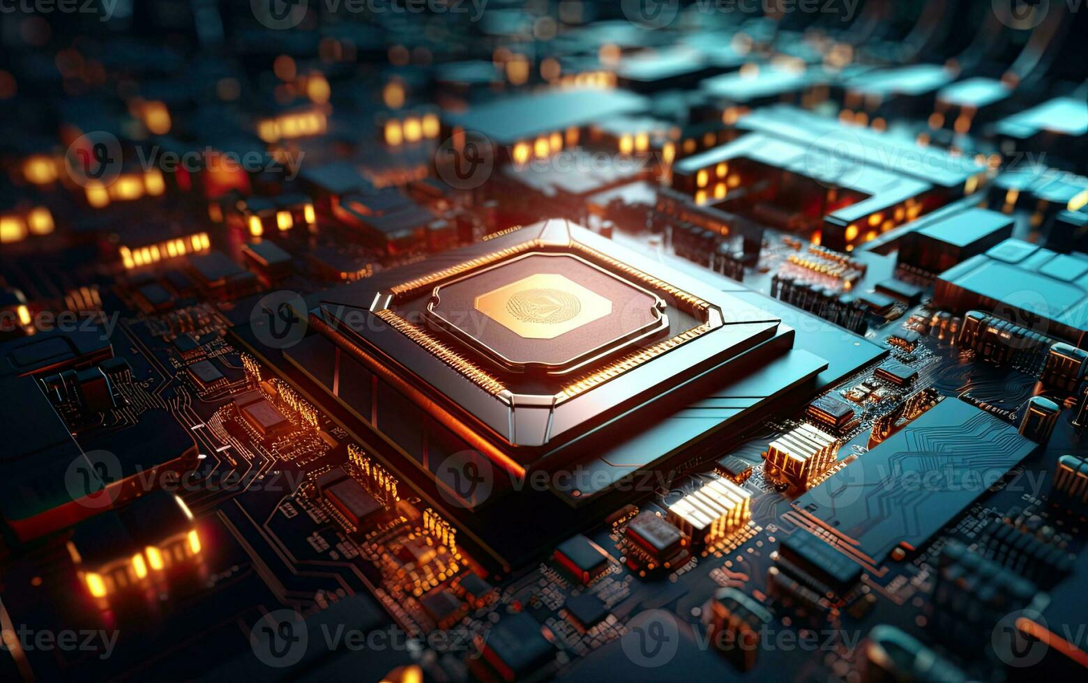 Shot of Generic Printed Circuit board with Microchips and other Components During Production Process. Electronics Manufacturing. Created with Generative AI technology. photo