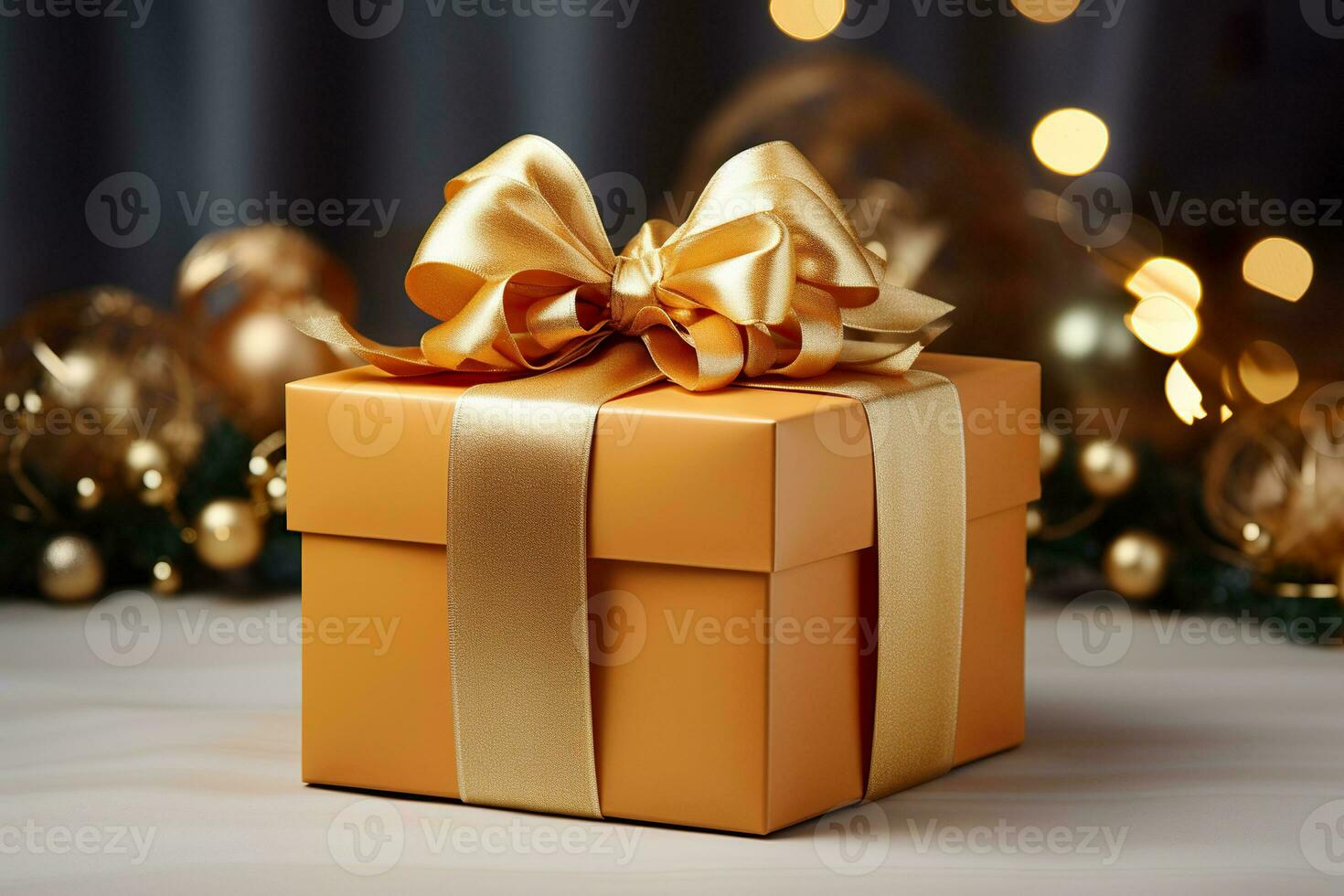 Christmas golden gift box with bow on the table. Generative AI. photo