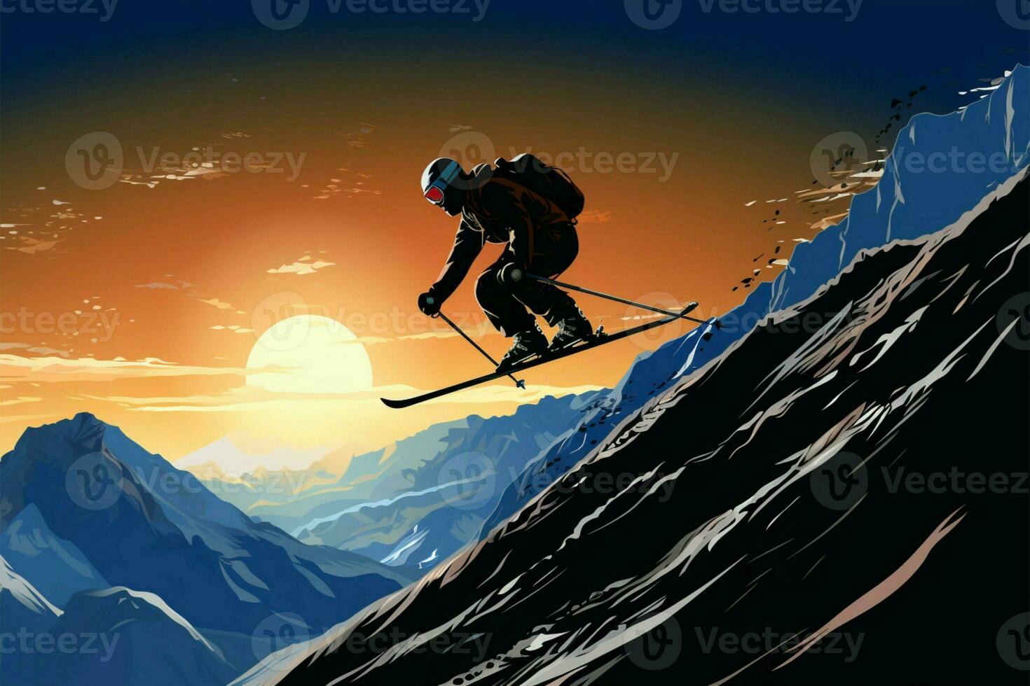 Silhouette of a skier jumping from a mountain peak in a vector illustration AI Generated photo