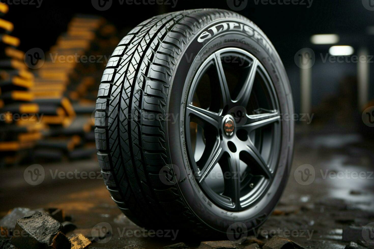 Studio captured fuel efficient tires for summer, dynamic lighting, on dark background AI Generated photo