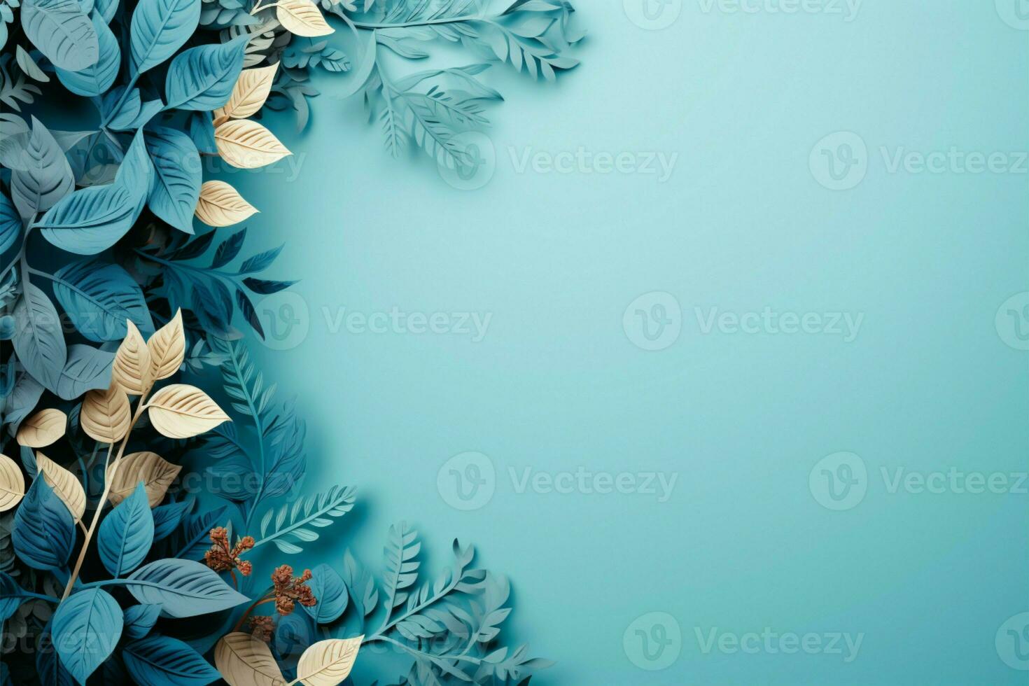 Top view design, Skeletons, pale blue leaves in corners, text space AI Generated photo