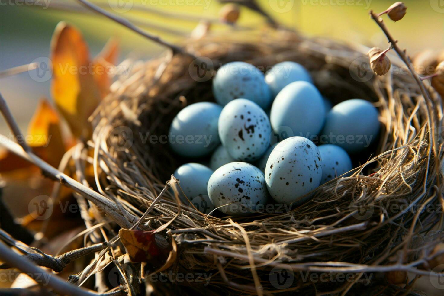Magpie robin eggs rest in a nest on a tree branch AI Generated photo