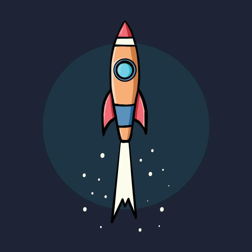 vector illustration of rocket in space, spaceship hand drawn flat design style with stars as background