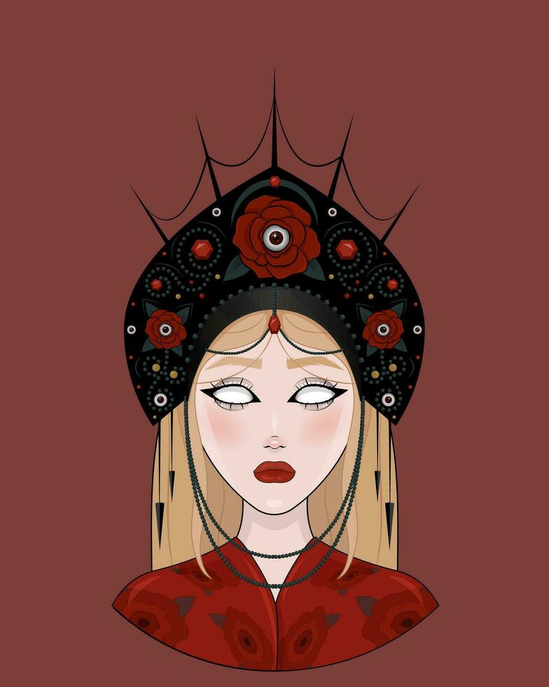 Creepy girl in a russian kokoshnik vector