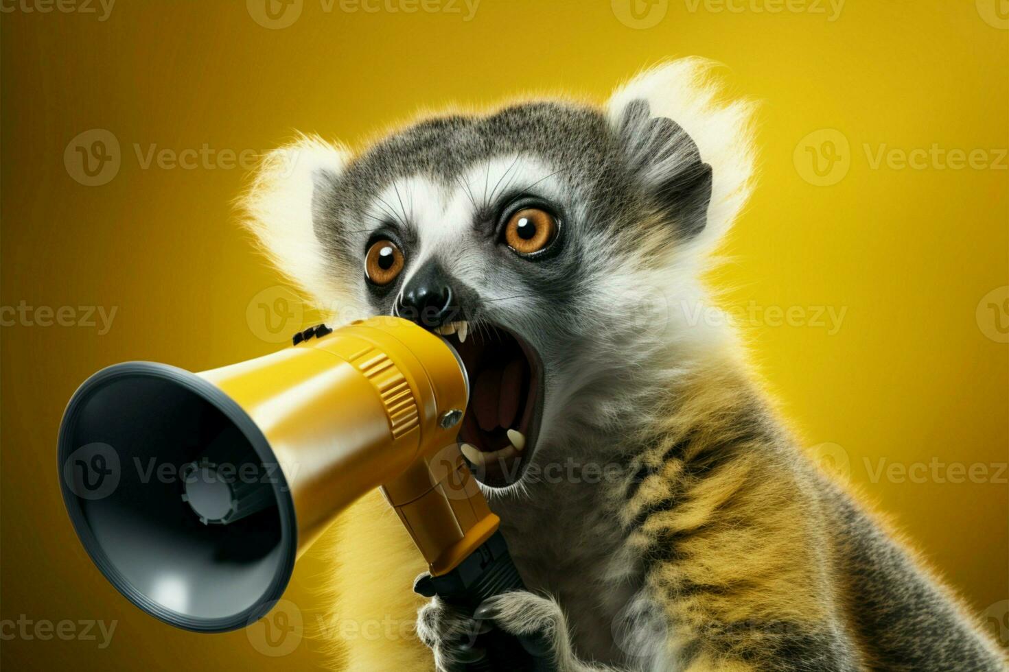 Amusing lemur wields yellow speaker, screaming in creative marketing spotlight AI Generated photo