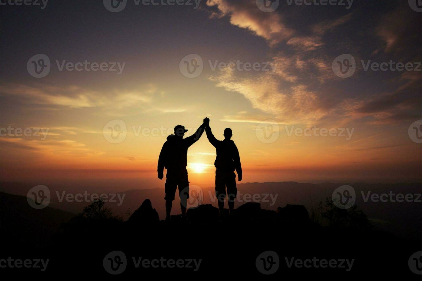 Mountain hikers celebrate, hands raised in silhouette, embodying teamwork's success AI Generated photo