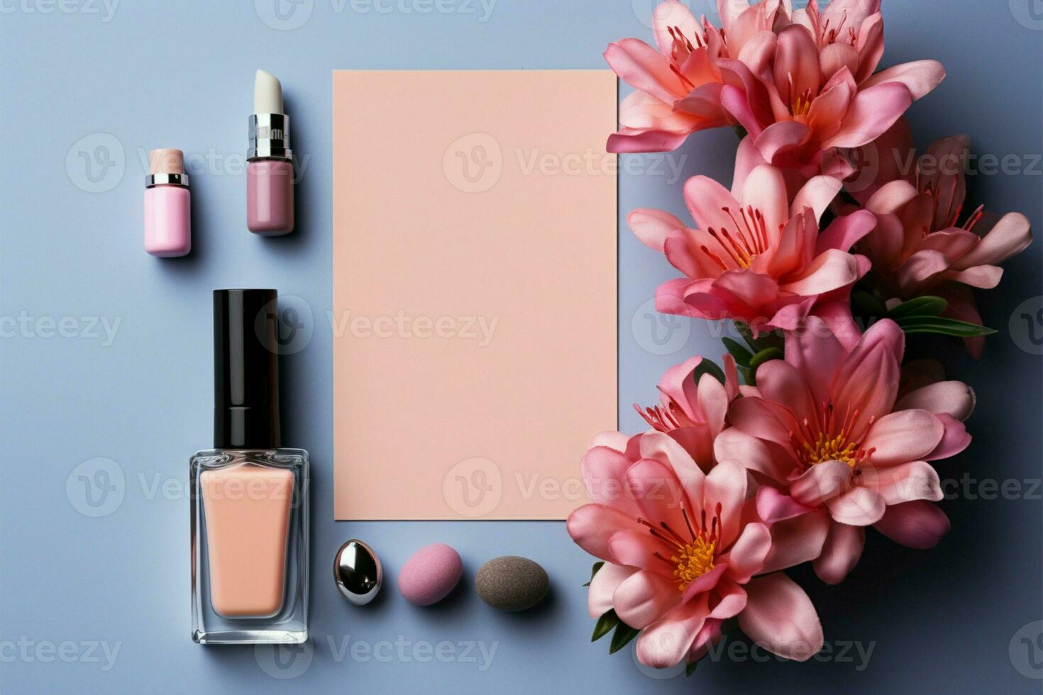 Flat lay beauty product assortment surrounding an empty decorative frame AI Generated photo