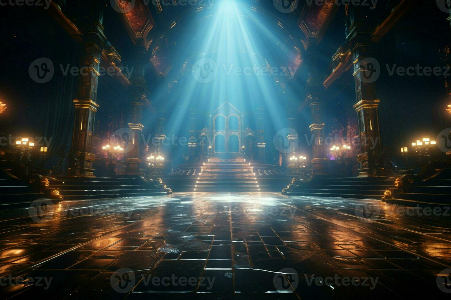 Empty stage aglow with dazzling light, foreshadowing the upcoming mesmerizing concert AI Generated photo