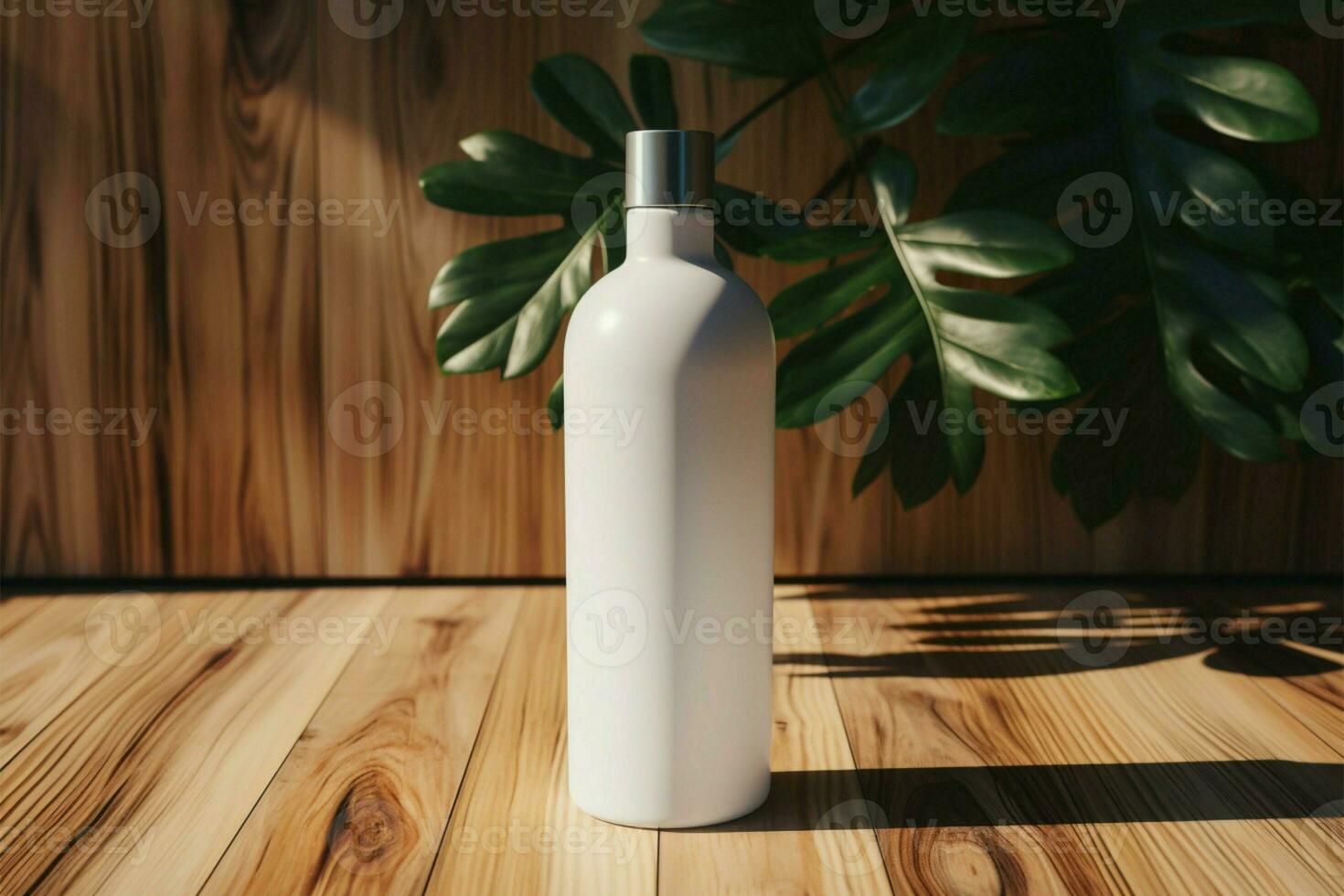 Minimalist aesthetics white bottle on a textured wooden floor AI Generated photo