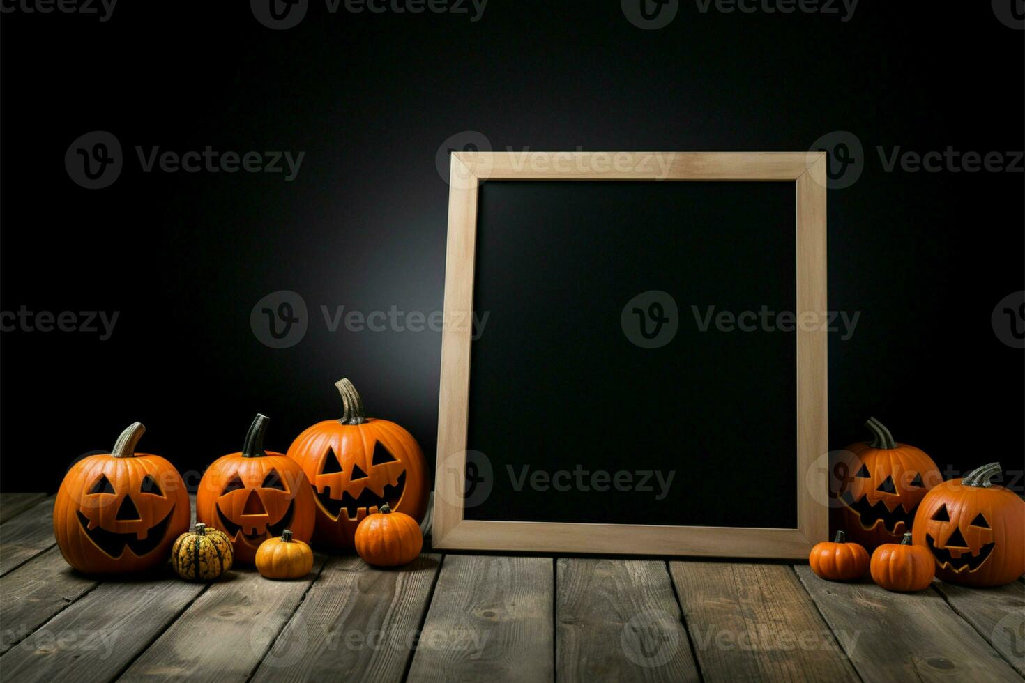 Chalkboard stand, Halloween pumpkins, wooden floor, on a dramatic black background AI Generated photo