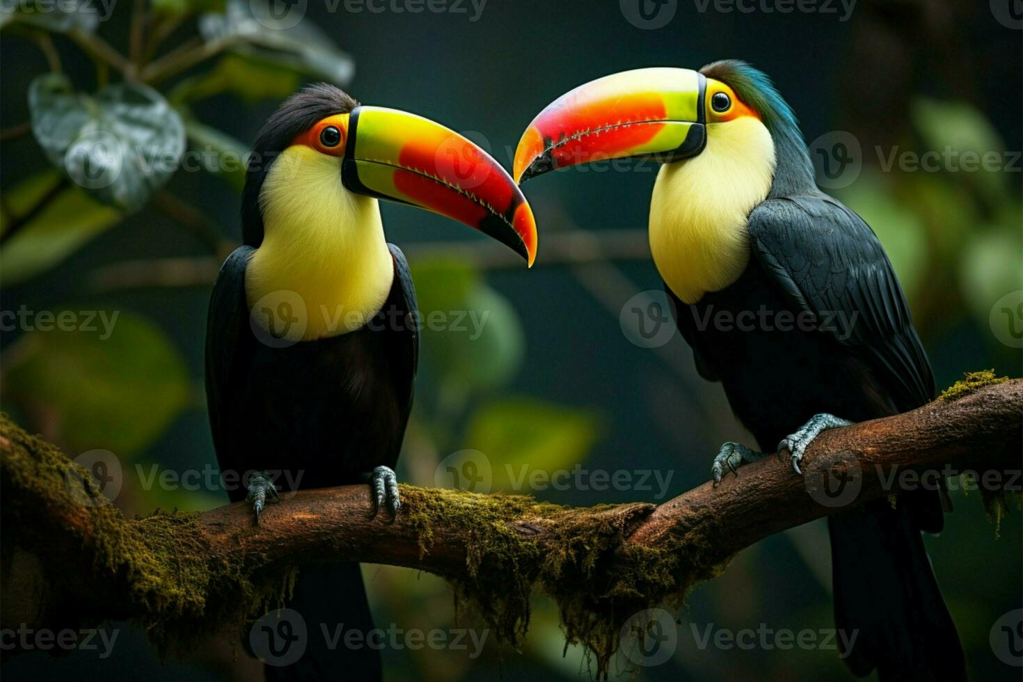 Toucan perched on a branch amidst lush forest greenery AI Generated photo