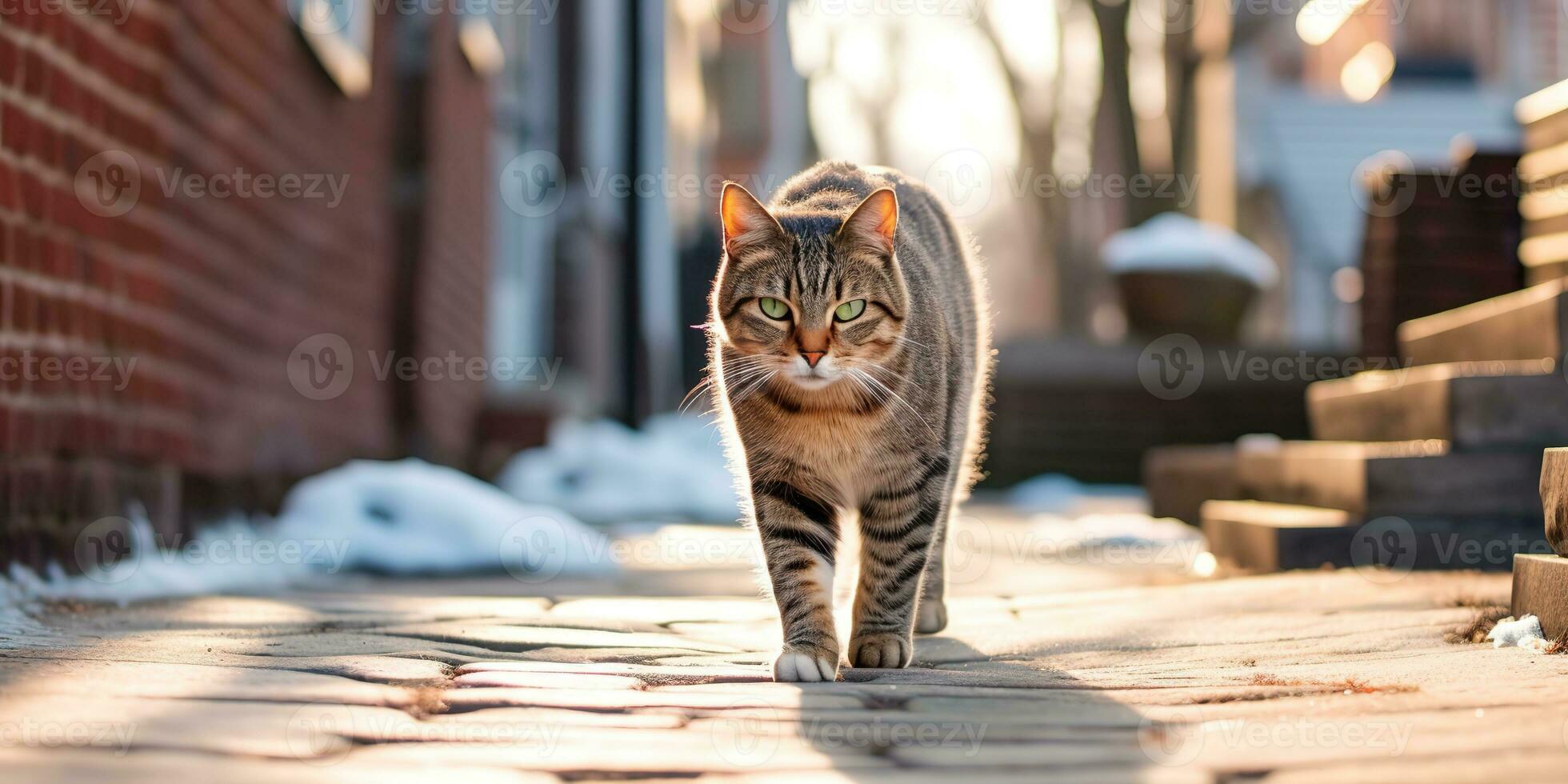 AI Generated. AI Generative. One lonely cat pet walking street city urban background. Graphic Art photo