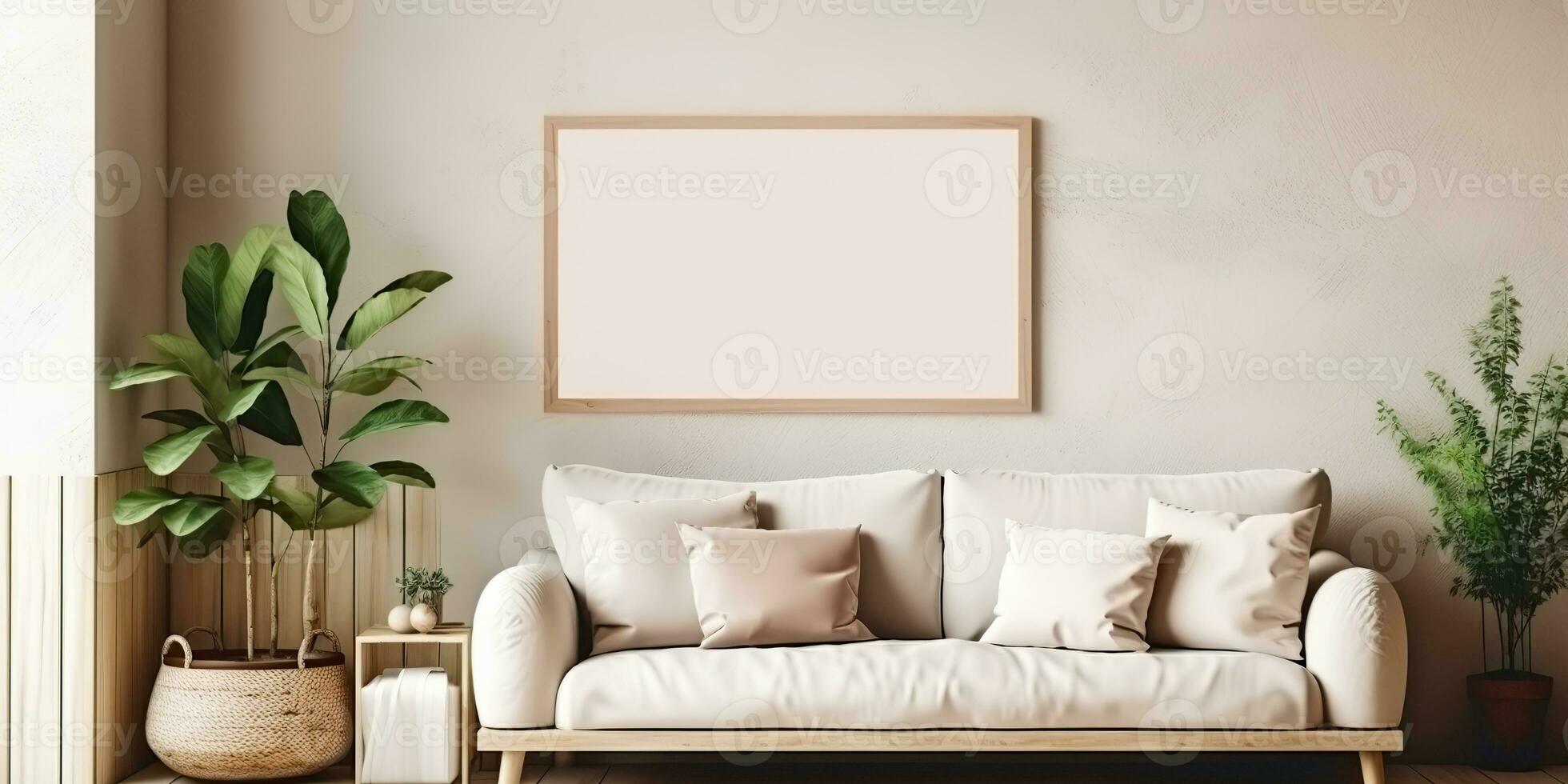 AI Generated. AI Generative. Cozy home mockup wall living room decoration frame background with plants and sofa. Graphic Art photo