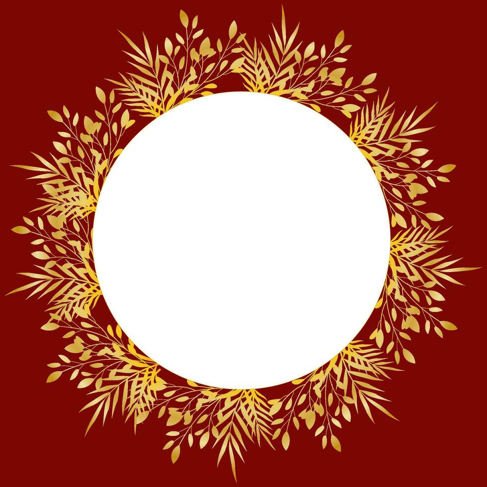 Gold floral round frame. Vector. Isolated on red background, white frame for your text, invitation. vector