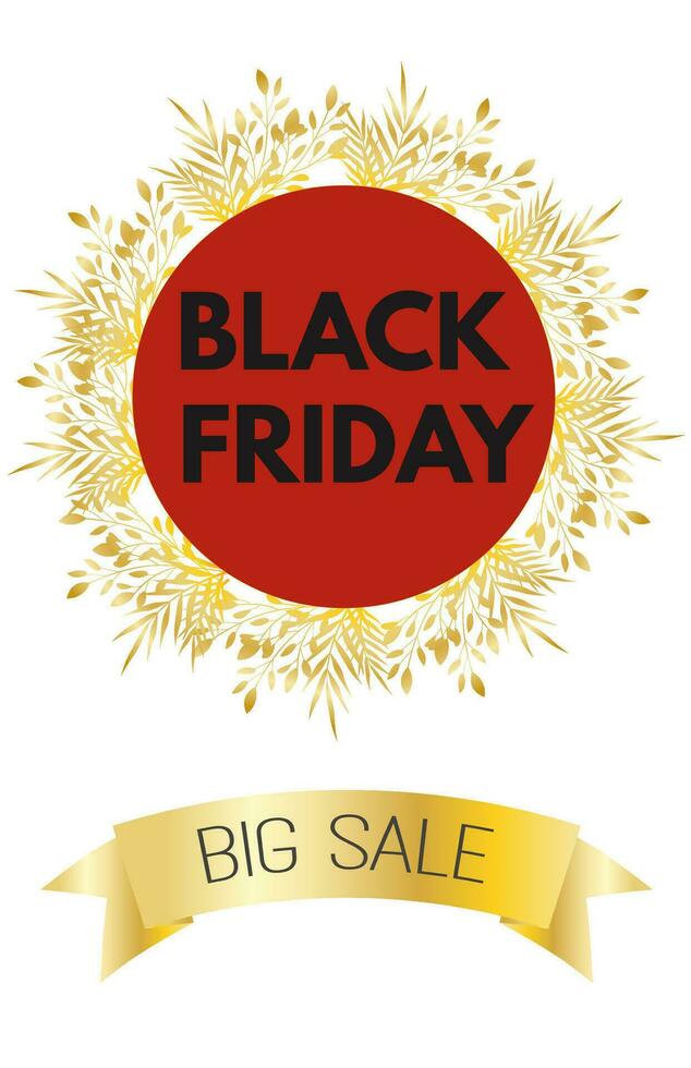 Black Friday Big sale web Vertical Fashion Banner. Luxury Gold maple leaves. Golden wreath with red round on white background vector
