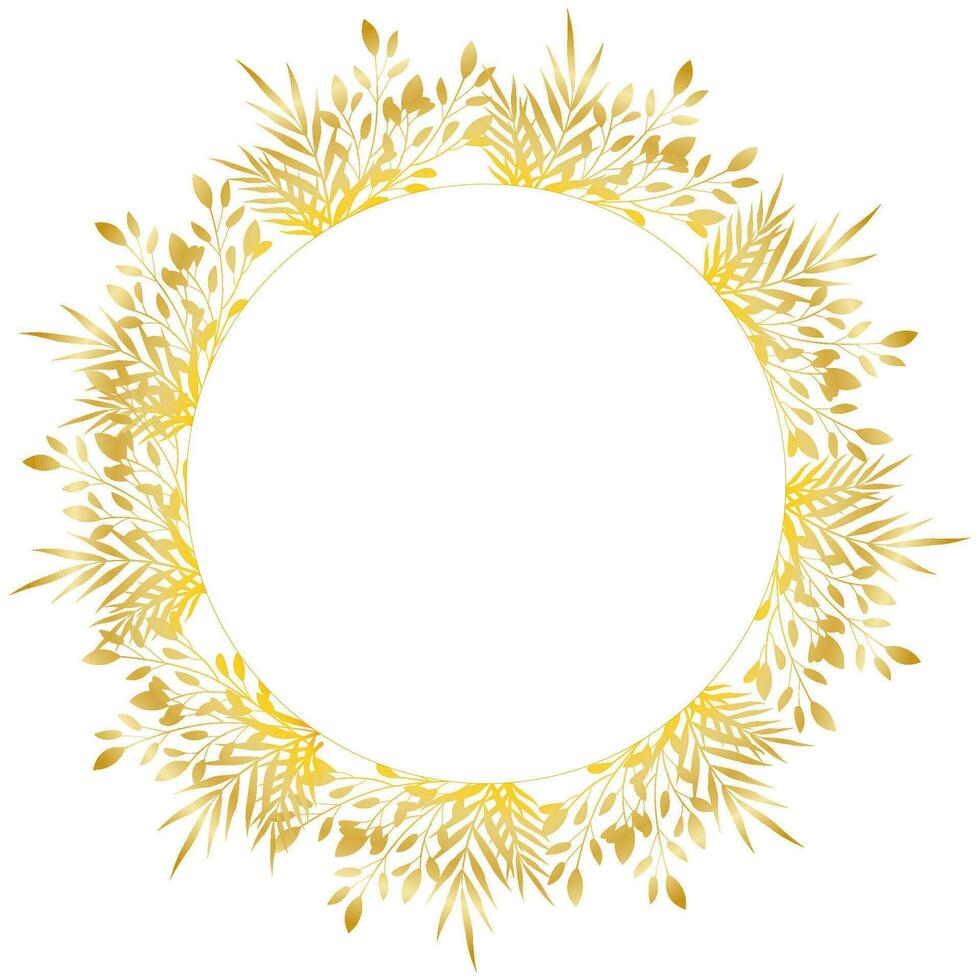 Gold floral round frame. Vector. Isolated background, white frame for your text, invitation. Luxury design leafs vector