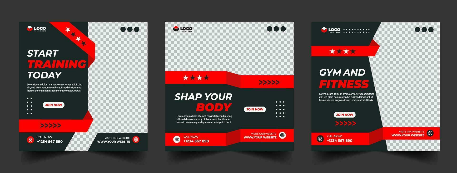 Gym, fitness, and sports social media post template design set. Usable for social media, banner, and website. vector