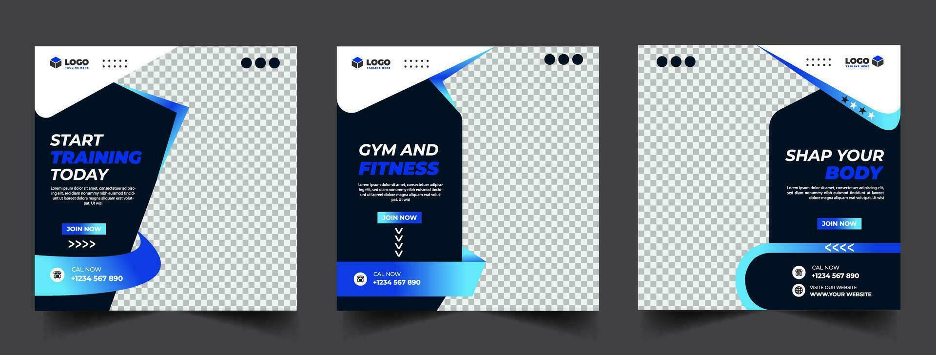 Gym, fitness, and sports social media post template design set. Usable for social media, banner, and website. vector