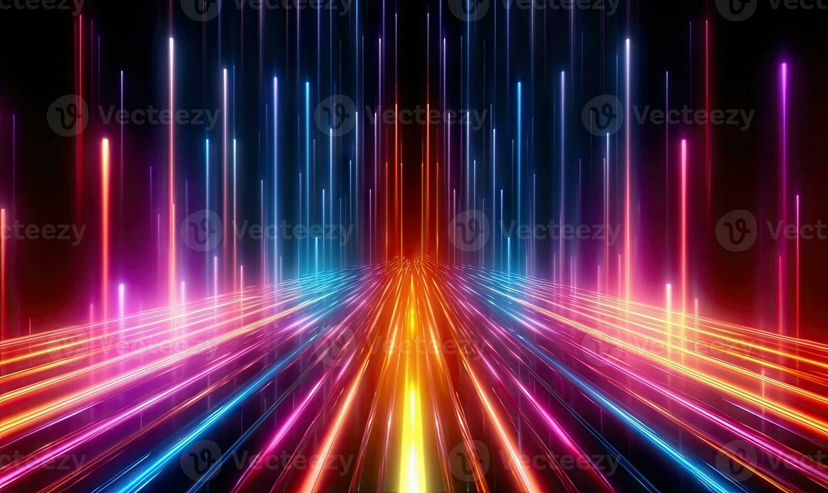 Neon futuristic flashes on black background. Motion light lines backdrop. For banner, postcard, book illustration. Created with generative AI tools photo