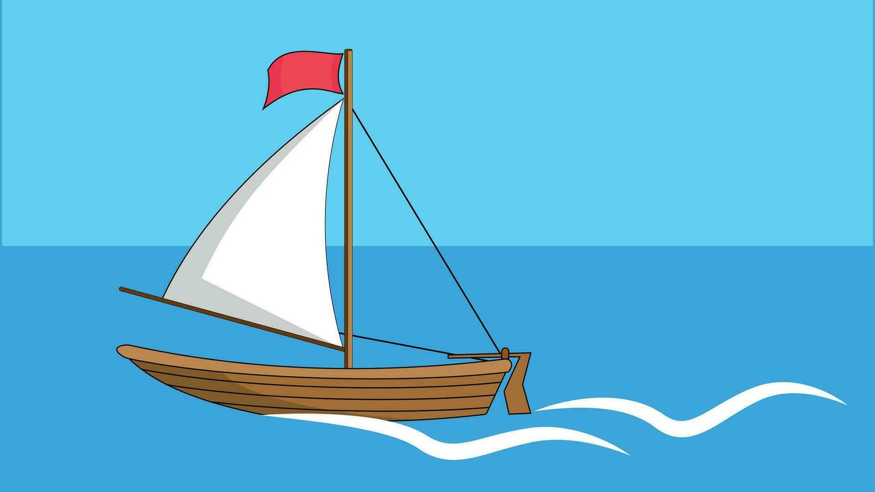 Wooden boat with a white sail floating in the sea vector