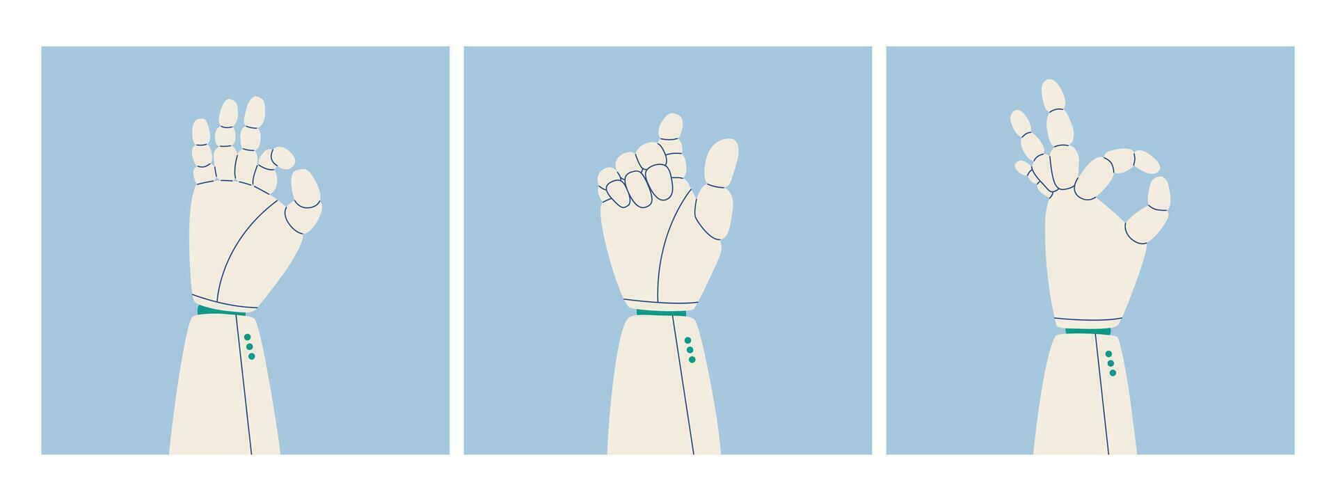Set of various robot arms. Different poses of the hands of a cyborg or robot. Vector isolated graphics for design.