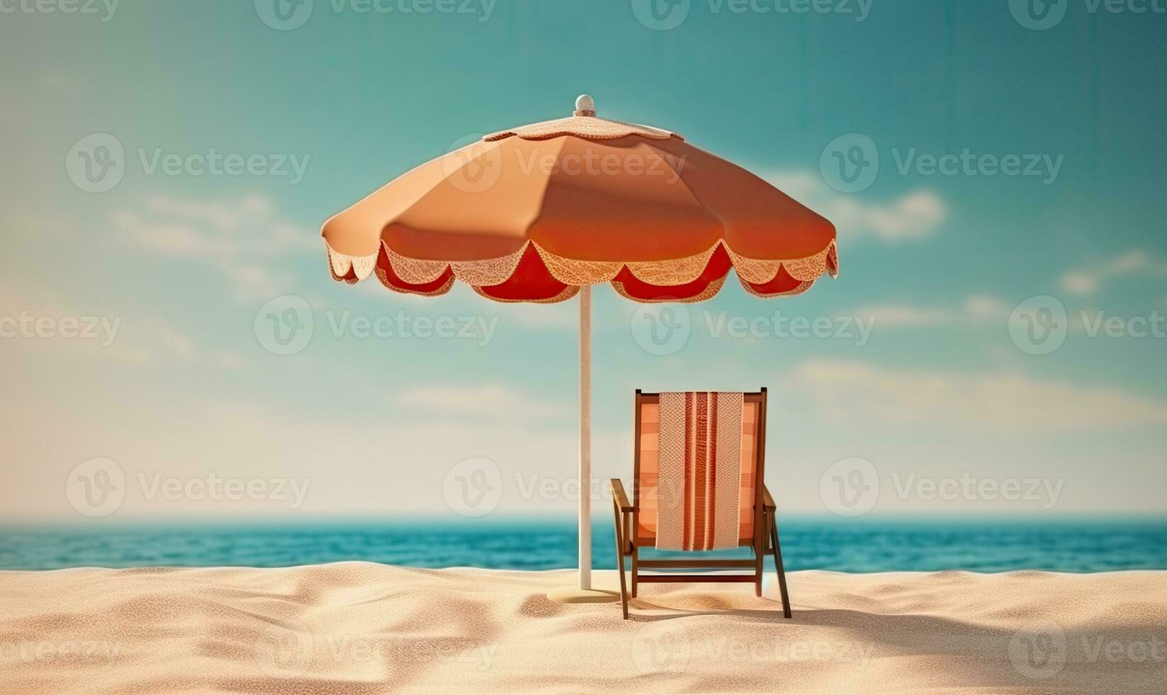 Tropical landscape with sun beds and umbrella of the beach. Vacation on a beautiful island. For banner, postcard, book illustration. Created with generative AI tools photo