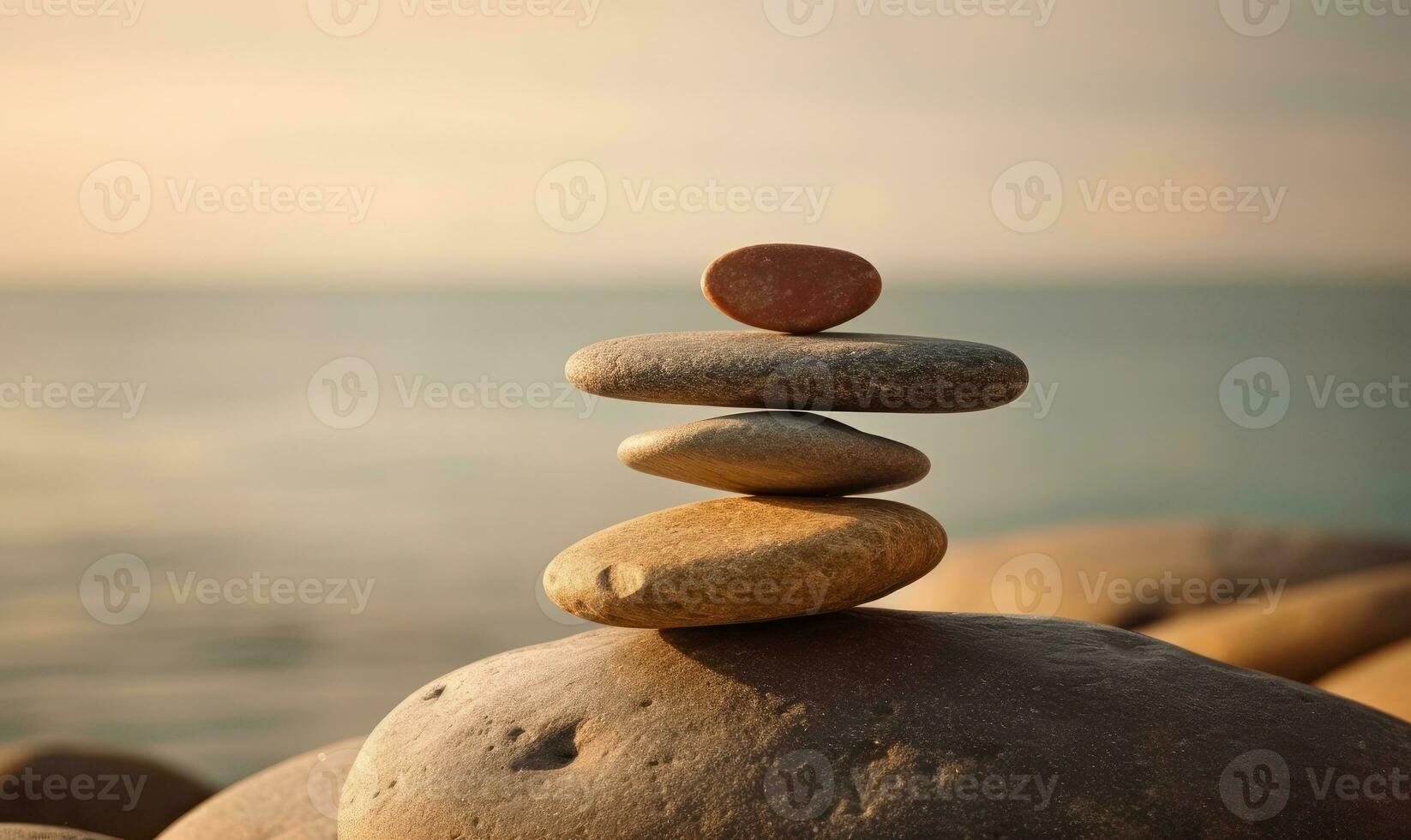 Stones balance. Pebbles pyramid on coastal background. For banner, postcard, book illustration. Created with generative AI tools photo